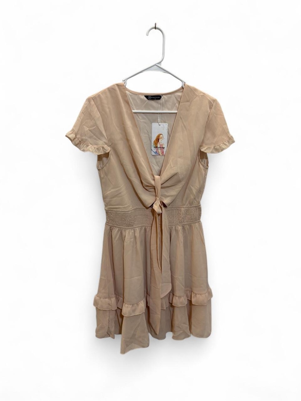 Women’s Beige Tie-Front Short Ruffle Dress